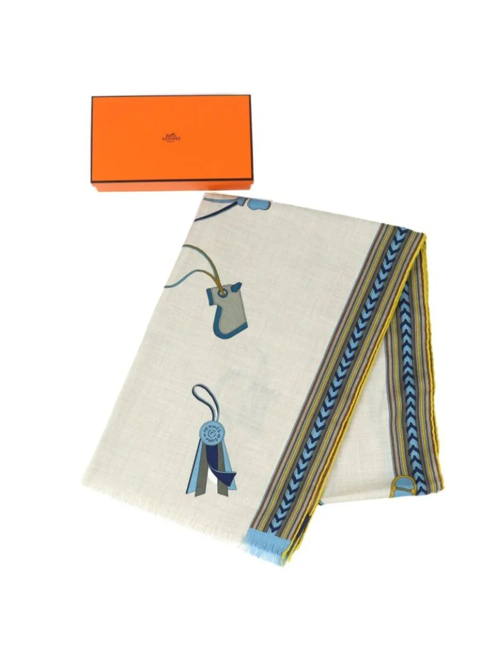 Hermes Rectangle Brides ET Gray Bridle And Charm Cashmere Silk Fringe Scarf